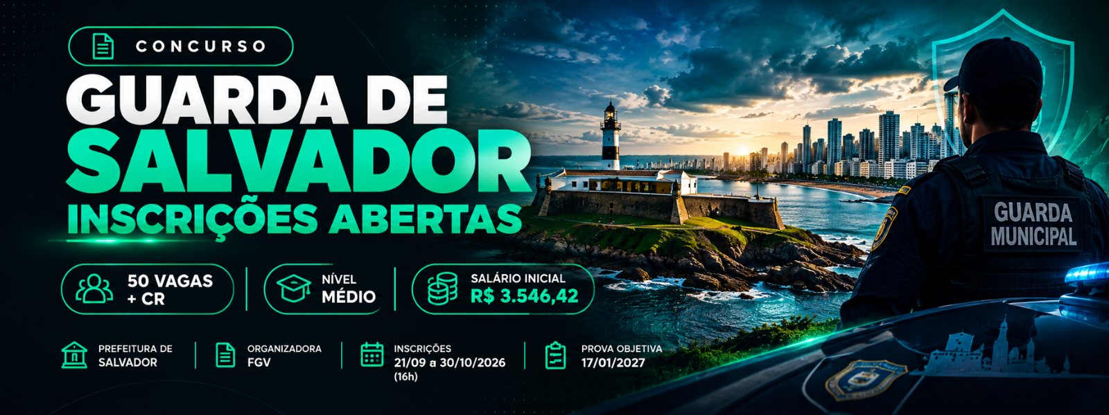 Imagem de capa da notícia Concurso Guarda de Salvador: inscrições abertas para 50 vagas; salário chega a R$ 3,5 mil