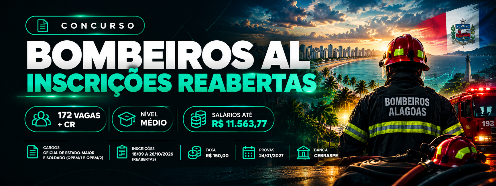 Imagem de capa da notícia Concurso Bombeiros AL: inscrições reabertas para 172 vagas; salários chegam a R$ 11,5 mil